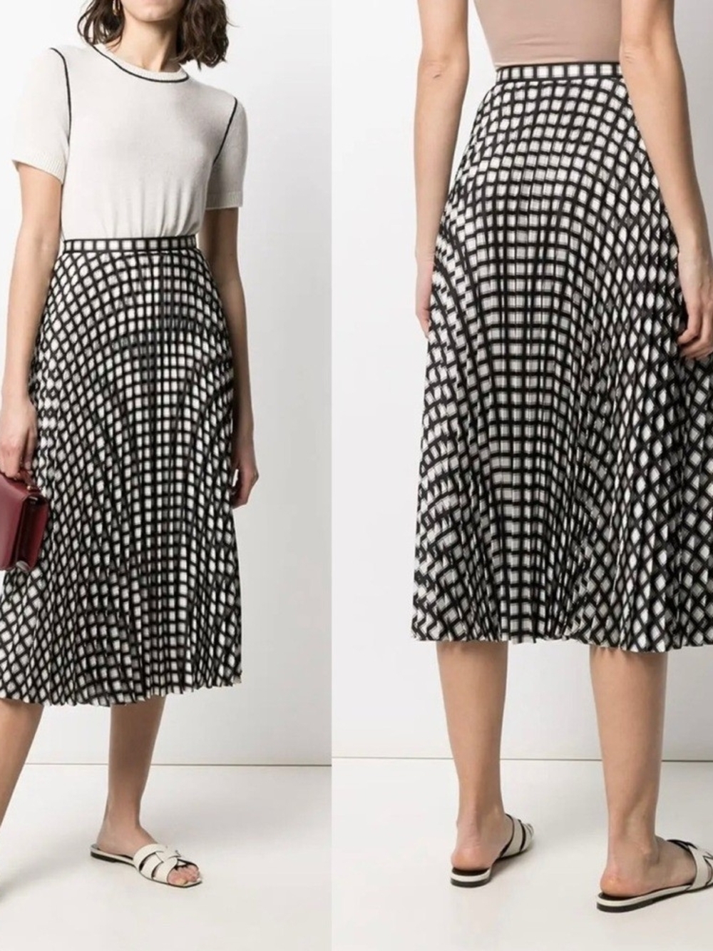 Theory Black and White Grid Pleated Midi Skirt